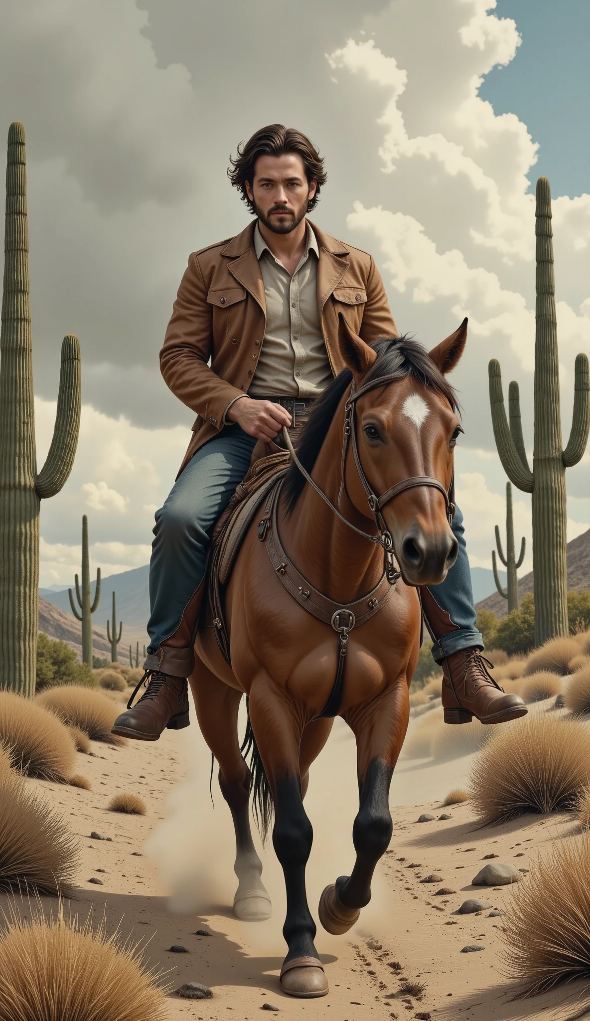  general plan full body , centered image from head to toe , sfw:1.4,  a rough cowboy riding his horse, In the Wild West , Desert, cactus,  best quality, ultra-detallado, photorealistic ,  cinematic lighting,  dramatic shadows ,  warm color palette ,  intricate details , beautiful skin texture ,  windswept hair ,  intense look ,  dynamic pose ,  sturdy leather suit  ,  Worn Boots , dusty environment, dramatic clouds, epic scale