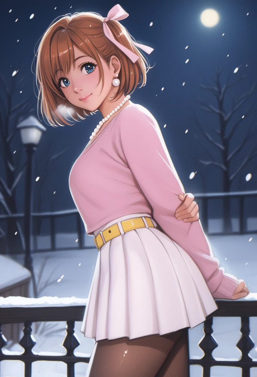 score_9, score_8_up, score_7_up, score_6_up,Shiny skin, kousaka honoka, blue eyes, beautiful, winter clothes, breathing, brown hair, night, snowing, cowboy shot,pink shirt,white open crop vest, arms behind back, Pearl necklace, earrings, white skirt, yellow belt, happy,hair ribbon,p4l0m4, breasts,thighs,web comic,hentai, thighs, closed mouth, pantyhose, from side, looking at viewer