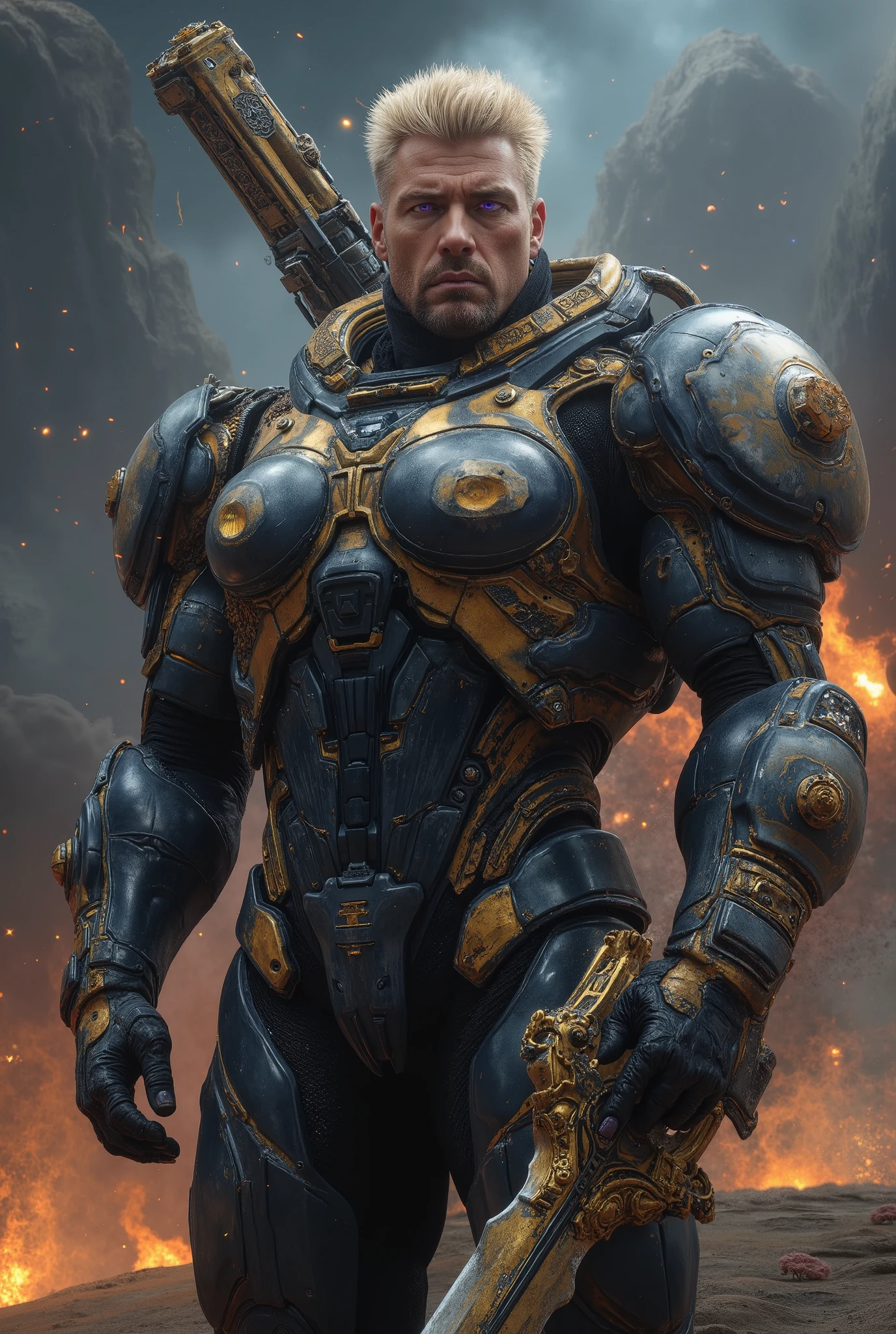 A 50-something male with golden hair with very light and prominent platinum highlights, very short on the sides but long on top like a lock. Striking purple eyes and a bold, manly smirk with his lips. He is dressed in a suit of power armor (shiny blackish electric blue) adorned with golden accents and intricate detailing. The armor covers his entire torso, arms and shoulders, featuring large ornate shoulder pads and a detailed breastplate. The armor has a heavy, metallic carbon fiber quality. He holds a sword-shaped firearm with a very thick and large blade, ornate and graceful carved edge detailing. The background is a very hazy but detailed impressionistic scene of galaxies, sparks and blueish flames, suggesting a fiery environment on an alien planet overlooking outer space. The style is hyper-realistic, with high level of detail on the character's armor and face. Focus on expressing a very strong, serious and powerful male figure. Use rich, deep colors of gray, gold, and orange. Lighting should be dramatic and highlight the textures of the armor. Emphasis on the intricate details and designs of the armor and weapon.