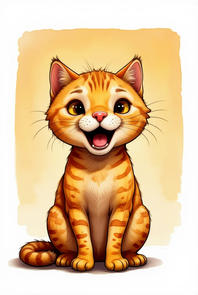 Create an illustration of a stylized, cartoon tabby cat with funny surprised overexaggerated facial expression, think black outlines and vivid bright colors