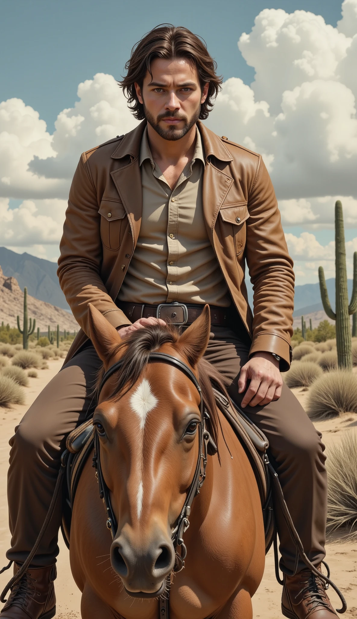 sfw:1.4,  a rough cowboy riding his horse, In the Wild West , Desert, cactus,  best quality, ultra-detallado, photorealistic ,  cinematic lighting,  dramatic shadows ,  warm color palette ,  intricate details , beautiful skin texture ,  windswept hair ,  intense look ,  dynamic pose ,  sturdy leather suit  ,  Worn Boots , dusty environment, dramatic clouds, epic scale