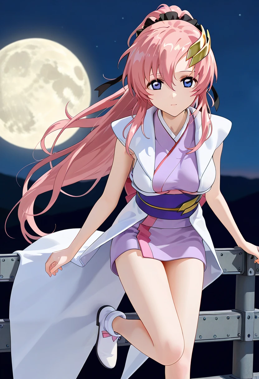 ( super realistic pictures, RAW photos  , realism, 3d rendering ,Unity Engine),break 1girl, Alone, lacus clyne,  blue eyes,  pink hair, long hair, ponytail,side lock, moon hair ornament , s1 short kimono  , s1 sleeveless coat, white shoes ,break (from front, looking at viewer, breasts-focus, (close-up:1.2)),