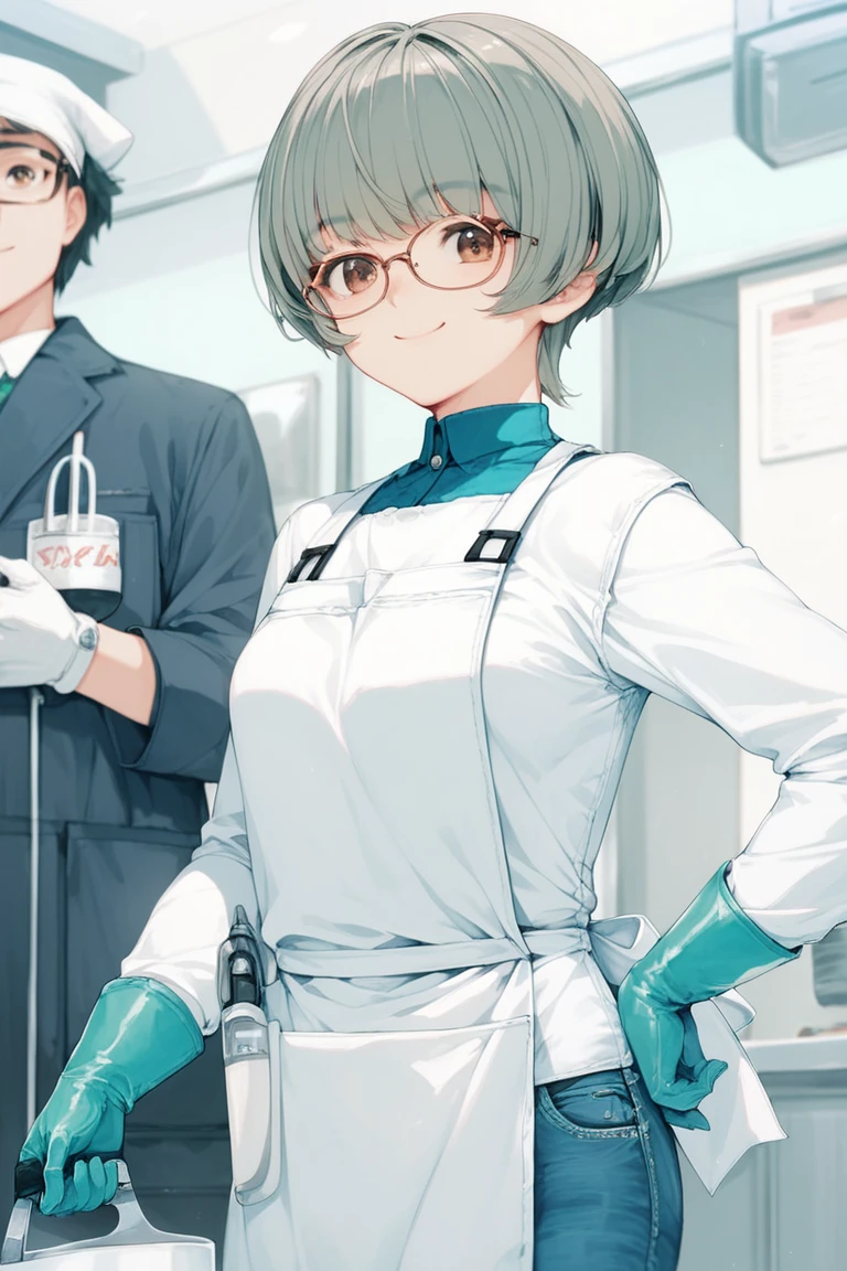   girl , ((Wear gloves)), (  apron), (Wearing denim), ( White long sleeve ), smile,   brown eyes, Glasses, (short hair)