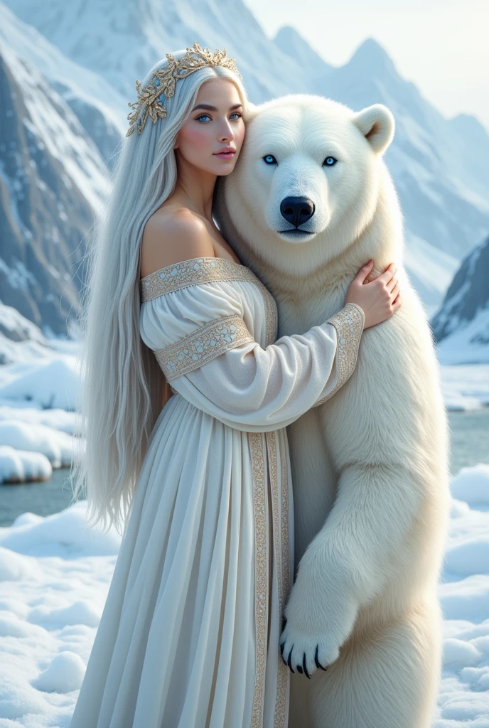 A detailed realistic photo of a white woman , with light blue eyes ,   straight, floor-length white hair ,  in splendid white and gold robes with long sleeves with feathers around the neck ,  looking like royal robes ,  she is embracing a huge white bear with predominantly blue eyes,  they are in a cold place of icy mountains and snow , I want the woman's full body and face showing  