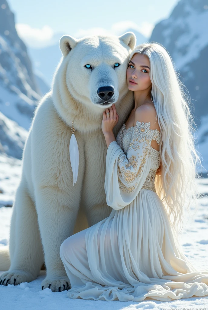 A detailed realistic photo of a white woman , with light blue eyes ,   straight, floor-length white hair ,  in splendid white and gold robes with long sleeves with feathers around the neck ,  looking like royal robes ,  she is embracing a huge white bear with predominantly blue eyes,  they are in a cold place of icy mountains and snow , I want the woman's full body and face showing  