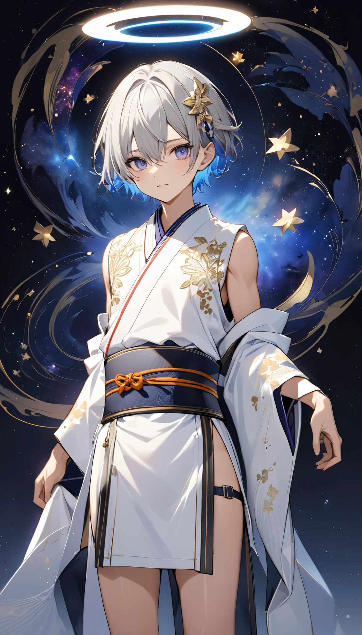 fresh illustrations ,
ultraminiature painting ,
very delicate illustrations ,
very fine details,
A picture of a lonely boy ,
My arms are extended ,
height 158cm ,
light skin,
beautiful eyes,
black puff Pills are big ,
short hair,
grey hair,
The hair roots are bluish ,
Your hair has a gradation ,
shiny hair,
cute face,
nice face
There is a glowing halo on the back of the head,
raise eyebrows ,
The upper body is dressed in a Japanese kimono ,
male body ,
Six-pack,
super small breasts,
no breasts,
The lower body is a Chinese dress ,
The color of the obi is black ,
all white clothes ,
Tastefully embroidered with gold thread ,
clothing made from high-quality fabrics ,
jockstrap underwear ,
thigh strap,
thigh strape graben sich in die Haut ein,
white long boots ,
The tips of the shoes are Japanese style ,
The number of fingers and toes is 5 ,
thin waist,
THIN LEGS ,
isometric,
GOLDEN CUT ,
Divine atmosphere,
With an indigo-colored inner collar ,
space,
Galaxy ,
There are countless little stars ,
tactical use of shadow ,
Make sure, that the rings on your head or hair do not stick out from the angle.
Clothing should not stick out from the angle ,
The body orientation is symmetrical ,
clothing is symmetrical ,
Whole body diagram,
Picture of standing still ,
facing forward ,
Heterochromie, Where the right eye is purple and the left eye is blue ,
