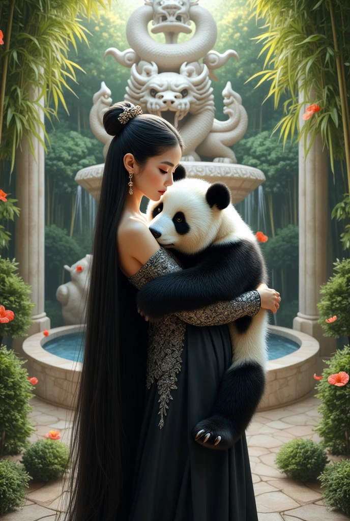 A detailed realistic photo of a white woman ,  Chinese with straight and floor-length black hair , with a long dress, black with silver ,  splendorous looking like royal ,  she is hugging a huge panda bear they are in a place with bamboo trees , behind a beautiful dragon fountain gushing water ,  made of marble stone , longing. I want the whole body, The hair of the Chinese and Black  