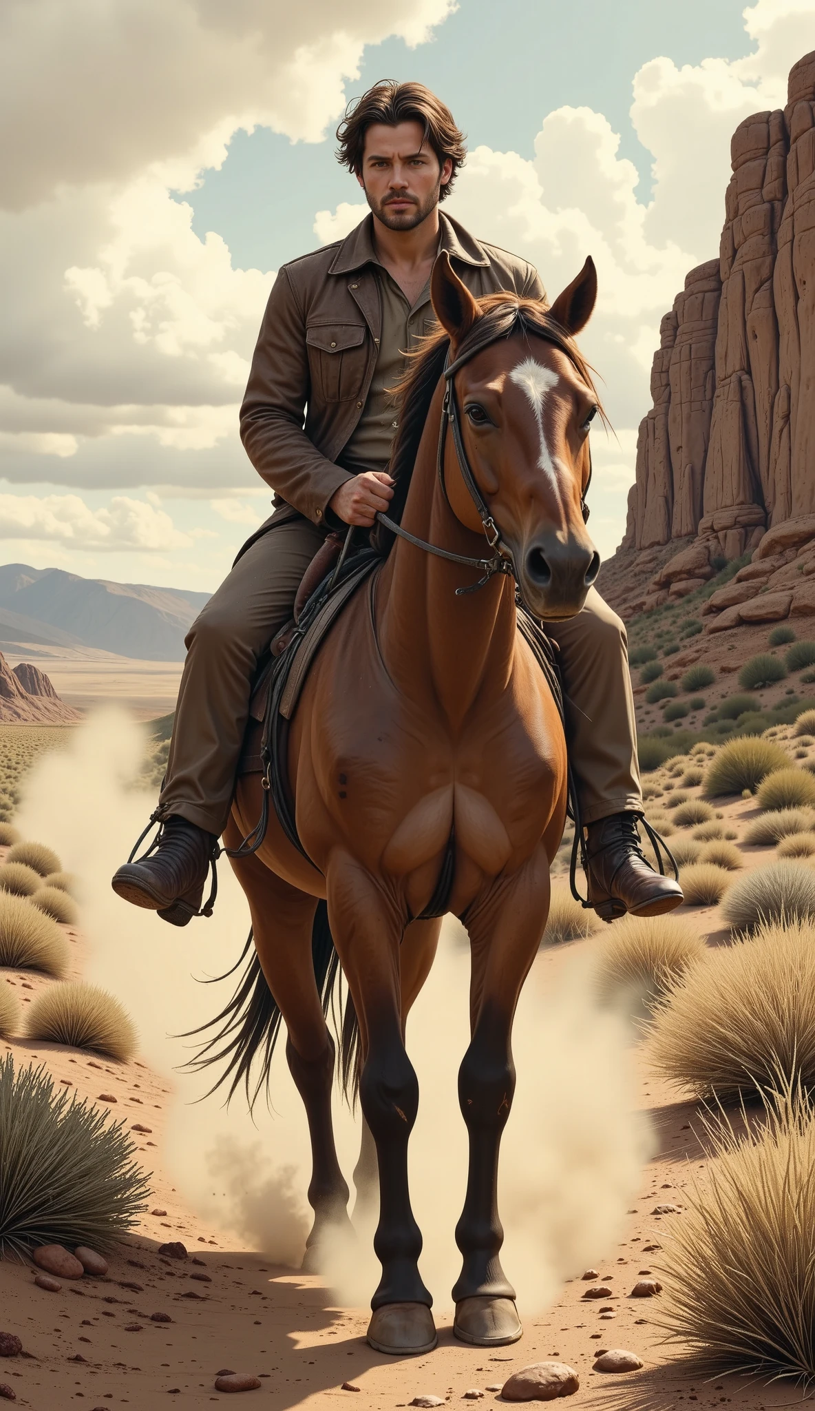 (( general plan full body , centered image from head to toe half profile , sfw:1.4)),  a rough cowboy in cowboy clothes riding his horse, In the Wild West , Desert, cactus,  best quality, ultra-detallado, photorealistic ,  cinematic lighting ,  dramatic shadows ,  warm color palette ,  intricate details , beautiful skin texture ,  windswept hair ,  intense look ,  dynamic pose ,  sturdy leather suit  ,  Worn Boots , dusty environment, dramatic clouds, epic scale