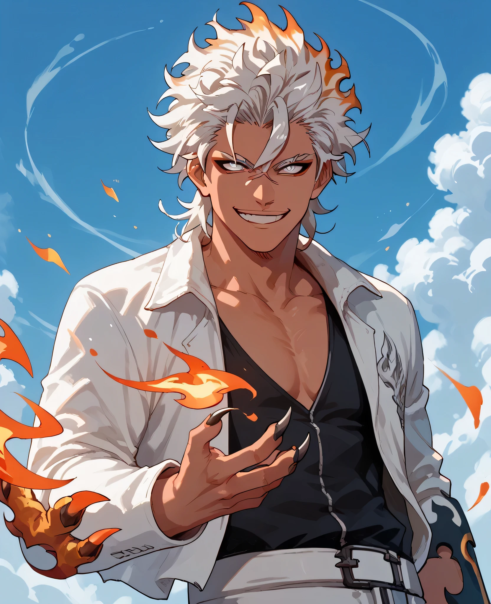 man, flaming hair, tan skin, anime style, white fire powers, white eyes, white hair, claws, sky, smile, white fire, messy hair, strong