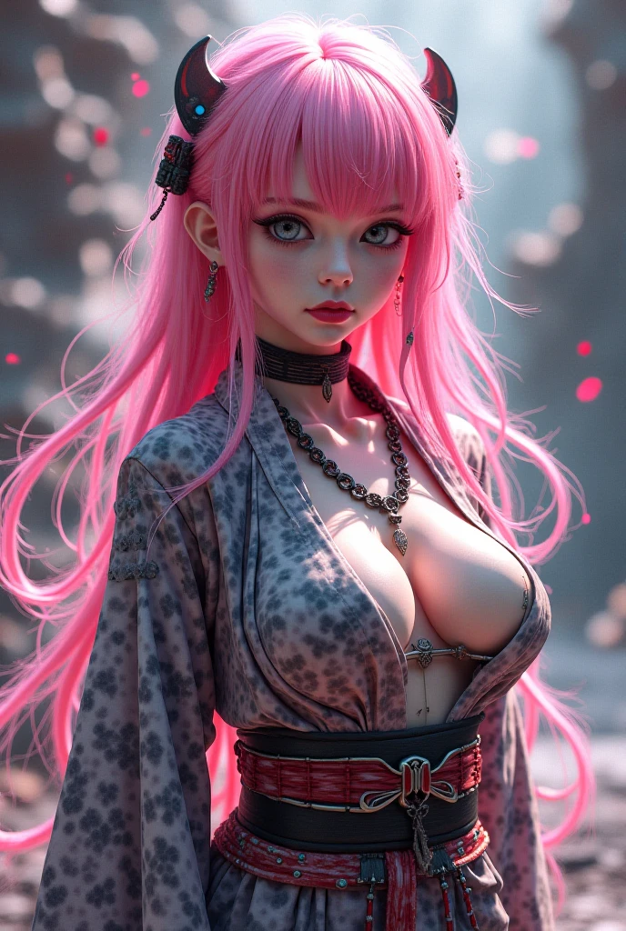 (Masterpiece, Excellent, 1girl, solo, complex details, color difference), realism, ((medium breath)), off-the-shoulders, big breasts, sexy, Yae Miko, long pink hair, red headdress, red highlight, hair above one eye, green eyes, earrings, sharp eyes, perfectly symmetrical figure, choker, neon shirt, open jacket, turtleneck sweater, against the wall, brick wall, graffiti, dim lighting, alley, looking at the audience, ((mean, seductive, charming)), ((cherry blossom background ))),((Japanese temple background)))), (((Glow-in-the-dark background)))