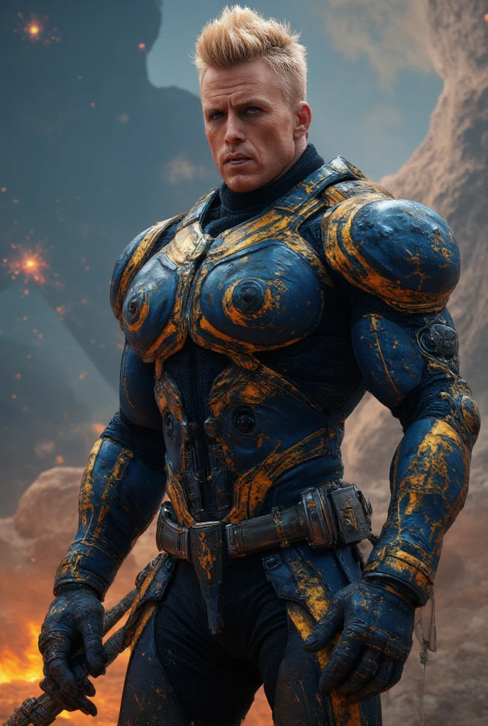 A 50-something male with golden hair with very light and prominent platinum highlights, very short on the sides but long on top like a lock. Striking purple eyes and a bold, manly smirk with his lips. He is dressed in a suit of power armor (shiny blackish electric blue) adorned with golden accents and intricate detailing. The armor covers his entire torso, arms and shoulders, featuring large ornate shoulder pads and a detailed breastplate. The armor has a heavy, metallic carbon fiber quality. He holds a sword-shaped firearm with a very thick and large blade, ornate and graceful carved edge detailing. The background is a very hazy but detailed impressionistic scene of galaxies, sparks and blueish flames, suggesting a fiery environment on an alien planet overlooking outer space. The style is hyper-realistic, with high level of detail on the character's armor and face. Focus on expressing a very strong, serious and powerful male figure. Use rich, deep colors of gray, gold, and orange. Lighting should be dramatic and highlight the textures of the armor. Emphasis on the intricate details and designs of the armor and weapon.