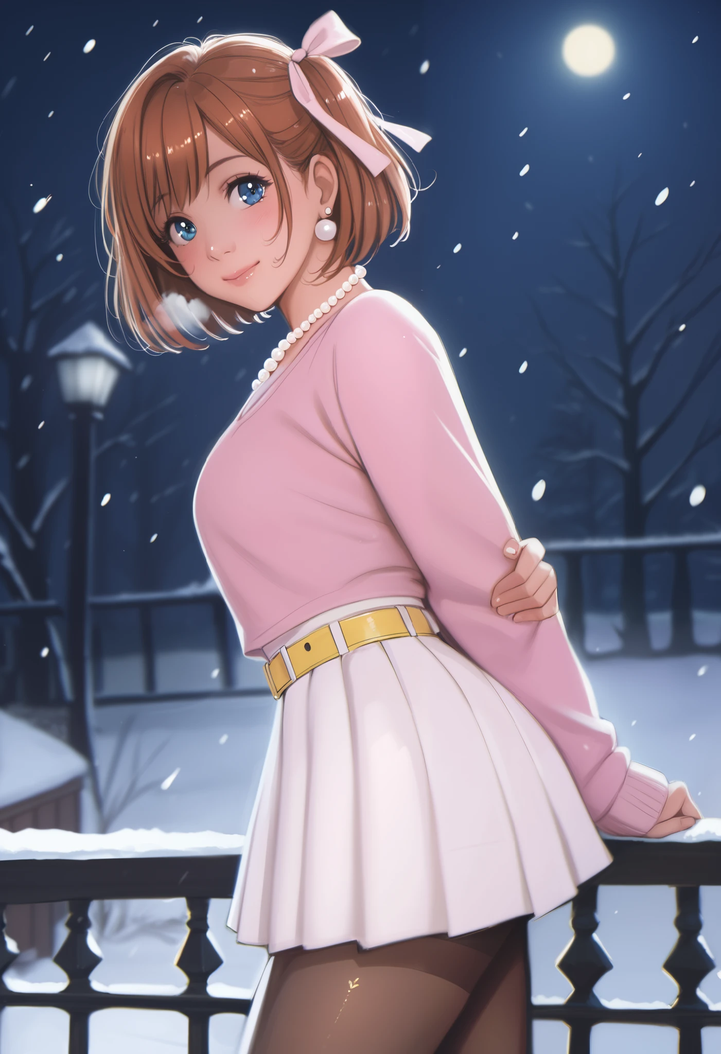 score_9, score_8_up, score_7_up, score_6_up,Shiny skin, kousaka honoka, blue eyes, beautiful, winter clothes, breathing, brown hair, night, snowing, cowboy shot,pink shirt,white open crop vest, arms behind back, Pearl necklace, earrings, white skirt, yellow belt, happy,hair ribbon,p4l0m4, breasts,thighs,web comic,hentai, thighs, closed mouth, pantyhose, from side, looking at viewer