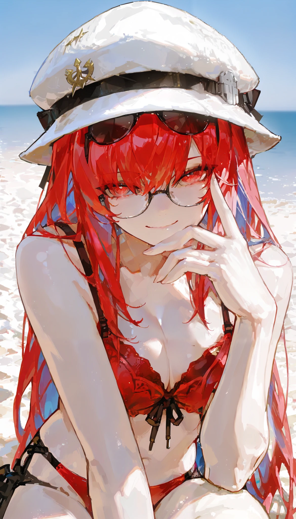 1catgirl, cat ears, (red long hair)) , eyes focus. oversaturated green eyes, she wars sunglasses the only partially cover her eyes. 50% transparent sunglasses. 20% eyes covered.  wear an open green shirt that shows a black bikini. Bare shoulders, crop top,  Portrait, zoomed half_body_shot. Medium breast. Super detailed. Perfect anime red eyes. Natural pose. She has a devil smile, she's OP overpowered . red fox tail. she's at the beach, background is partially blurred, accent colors. 