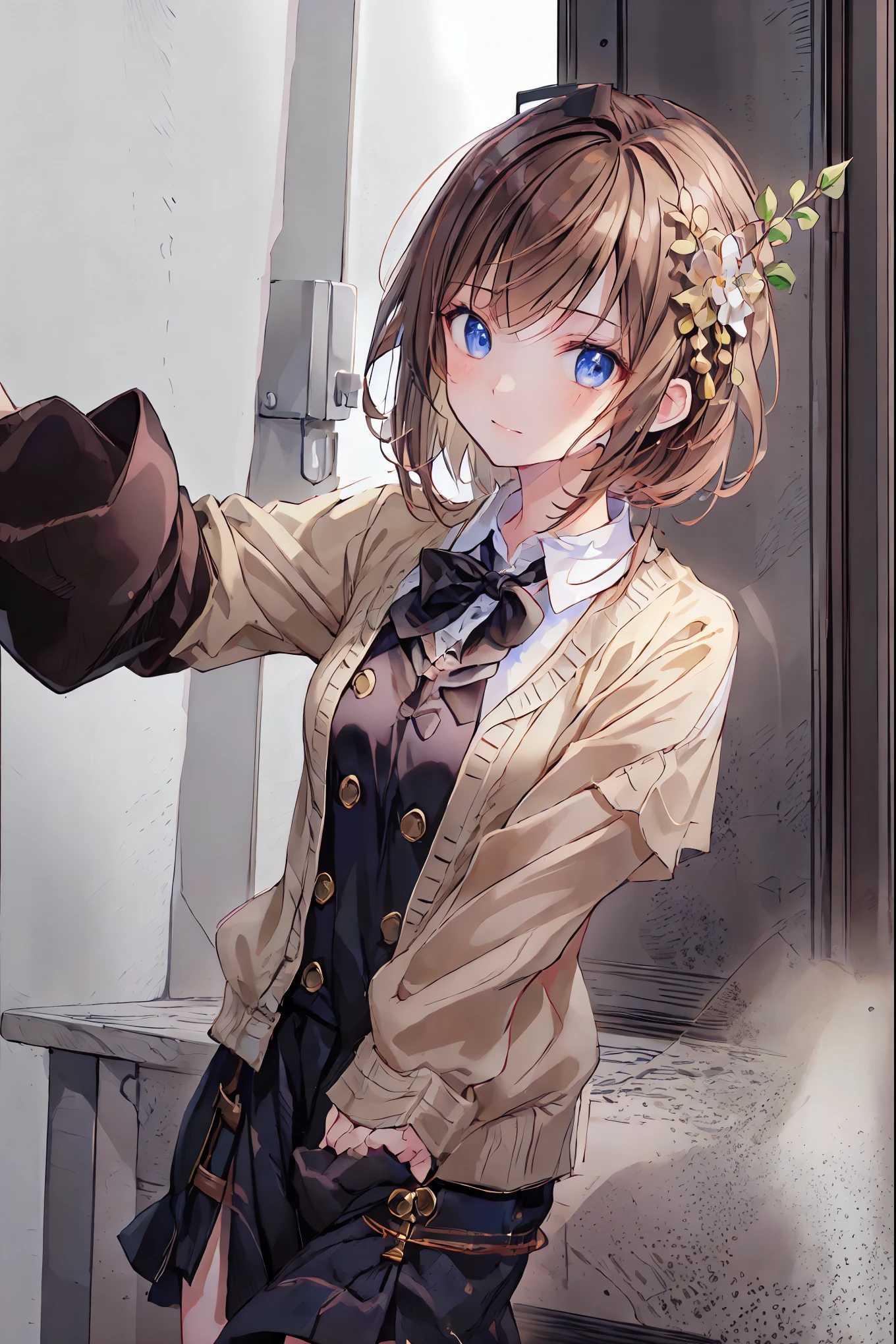 ( top quality ,masterpiece:1.3,  super high res),(  very detailed,  caustics,8k),(  realistic :1.4,RAW shooting),18 years old,  Japanese  ,  cute,  Looking at the camera and smiling  ,blazer uniform,  slouching position with collar,  waist up shot  ,(  focus on faces :1.2),(  face close-up :1.2),(Low position:1.3),(  low angle:1.4),Brown Hair，  shortcuts，  slender beauty  ，  messy hair，Cityscape，  night view、Brown Hair， shortcuts， Unkempt Hair ，Short braided hair，Neat， slender beautiful woman，Correct posture，Small chest， beautiful legs， enchanting gray-blue eyes shine like stars，Droopy eyes， brightly colored , beautiful eyes,A delicate smile,Textured Skin, best quality best , gentle and beautiful woman , anime style､