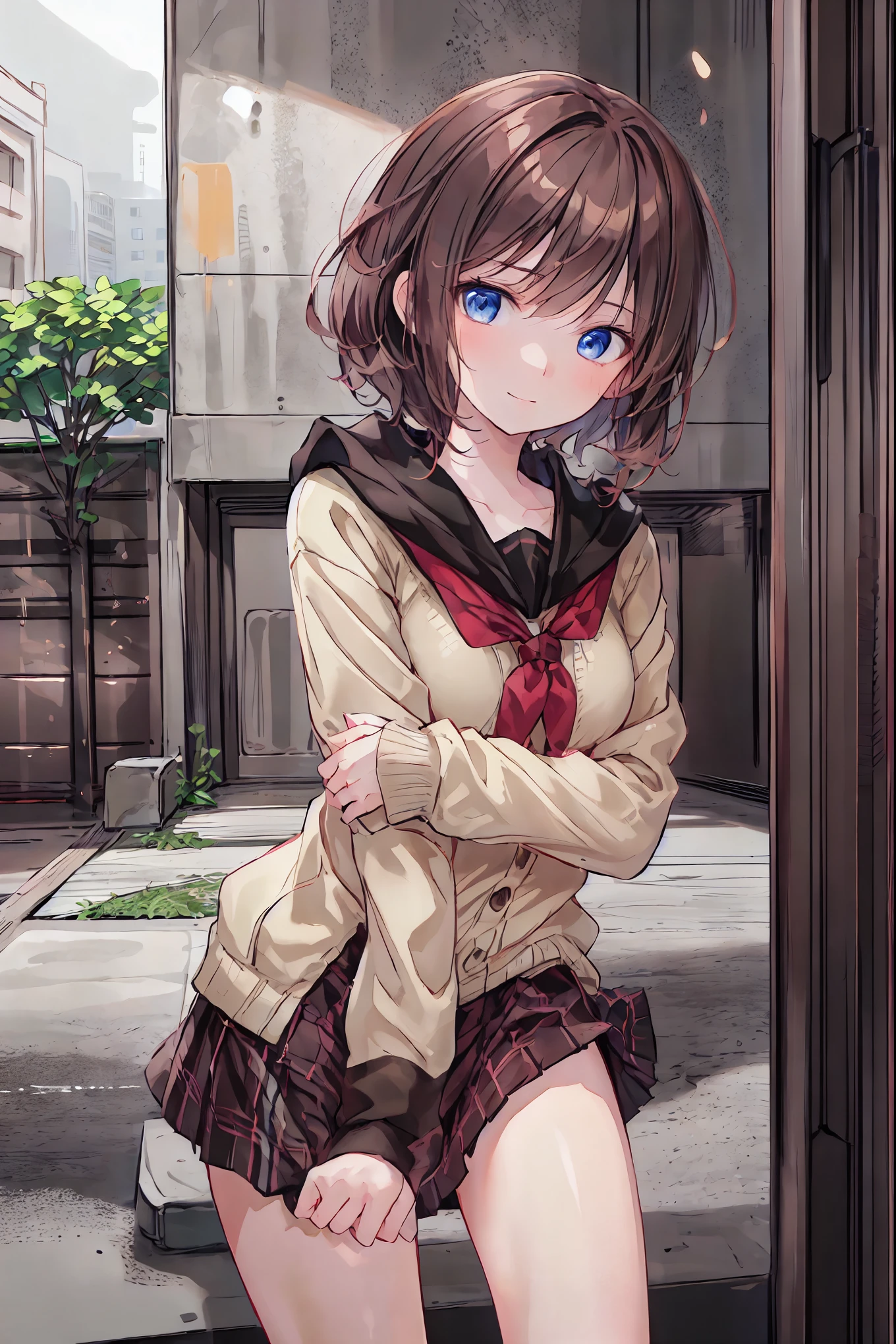 ( top quality ,masterpiece:1.3,  super high res),(  very detailed,  caustics,8k),(  realistic :1.4,RAW shooting),18 years old,  Japanese  ,  cute,  Looking at the camera and smiling  ,blazer uniform,  slouching position with collar,  waist up shot  ,(  focus on faces :1.2),(  face close-up :1.2),(Low position:1.3),(  low angle:1.4),Brown Hair，  shortcuts，  slender beauty  ，  messy hair，Cityscape，  night view、Brown Hair， shortcuts， Unkempt Hair ，Short braided hair，Neat， slender beautiful woman，Correct posture，Small chest， beautiful legs， enchanting gray-blue eyes shine like stars，Droopy eyes， brightly colored , beautiful eyes,A delicate smile,Textured Skin, best quality best , gentle and beautiful woman , anime style､