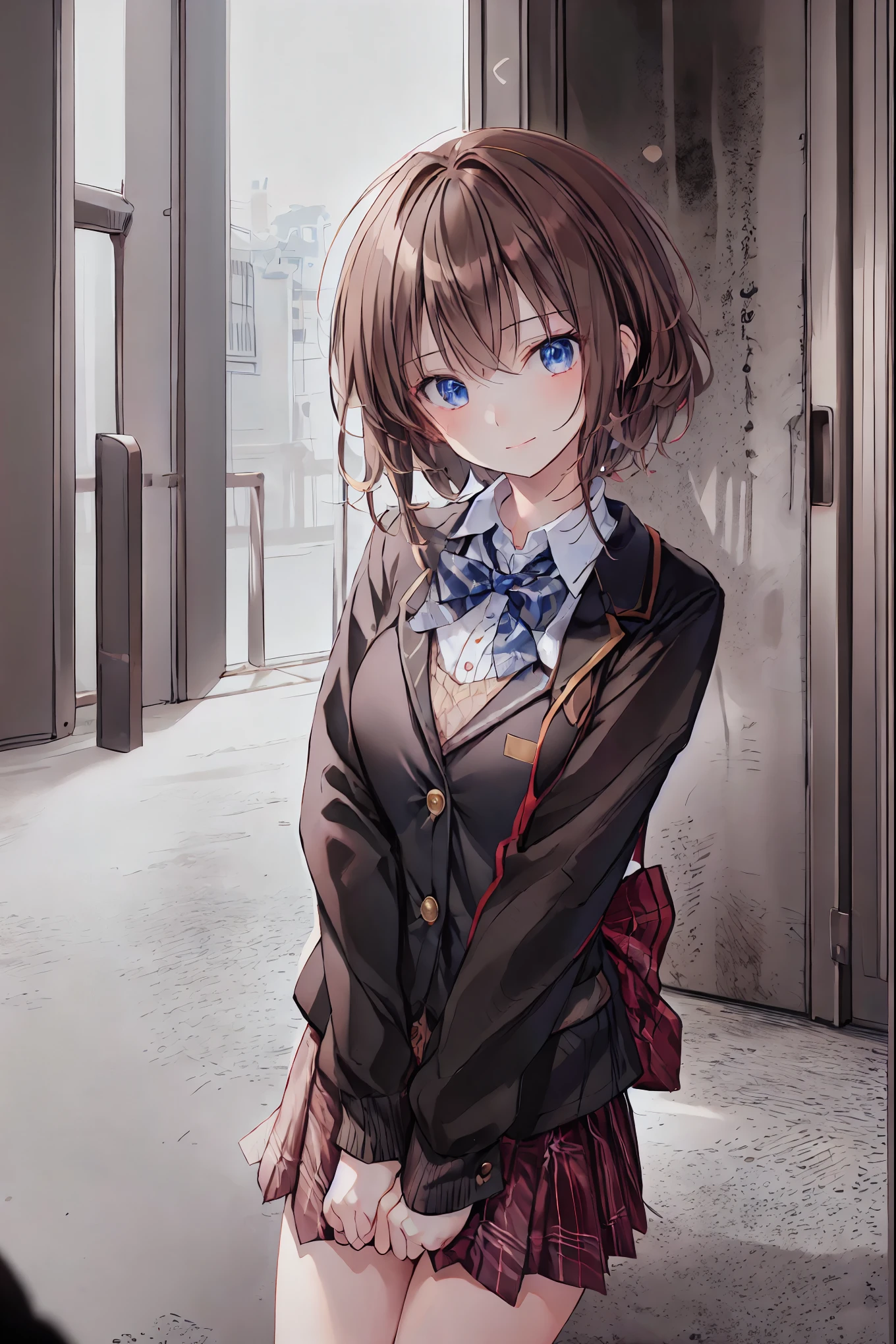 ( top quality ,masterpiece:1.3,  super high res),(  very detailed,  caustics,8k),(  realistic :1.4,RAW shooting),18 years old,  Japanese  ,  cute,  Looking at the camera and smiling  ,blazer uniform,  slouching position with collar,  waist up shot  ,(  focus on faces :1.2),(  face close-up :1.2),(Low position:1.3),(  low angle:1.4),Brown Hair，  shortcuts，  slender beauty  ，  messy hair，Cityscape，  night view、Brown Hair， shortcuts， Unkempt Hair ，Short braided hair，Neat， slender beautiful woman，Correct posture，Small chest， beautiful legs， enchanting gray-blue eyes shine like stars，Droopy eyes， brightly colored , beautiful eyes,A delicate smile,Textured Skin, best quality best , gentle and beautiful woman , anime style､