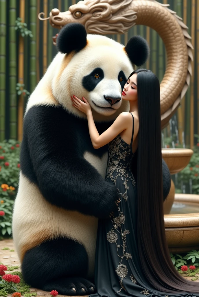 A detailed realistic photo of a white woman ,  Chinese with straight and floor-length black hair , with a long dress, black with silver ,  splendorous looking like royal ,  she is embracing a huge panda bear they are in a place with bamboo trees , behind a beautiful dragon fountain gushing water ,  made of marble stone , longing. I want the whole body, The hair of the Chinese and Black  