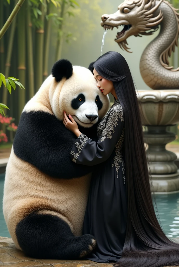 A detailed realistic photo of a white woman ,  Chinese with straight and floor-length black hair , with a long dress, black with silver ,  splendorous looking like royal ,  she is embracing a huge panda bear they are in a place with bamboo trees , behind a beautiful dragon fountain gushing water ,  made of marble stone , longing. I want the whole body, The hair of the Chinese and Black  