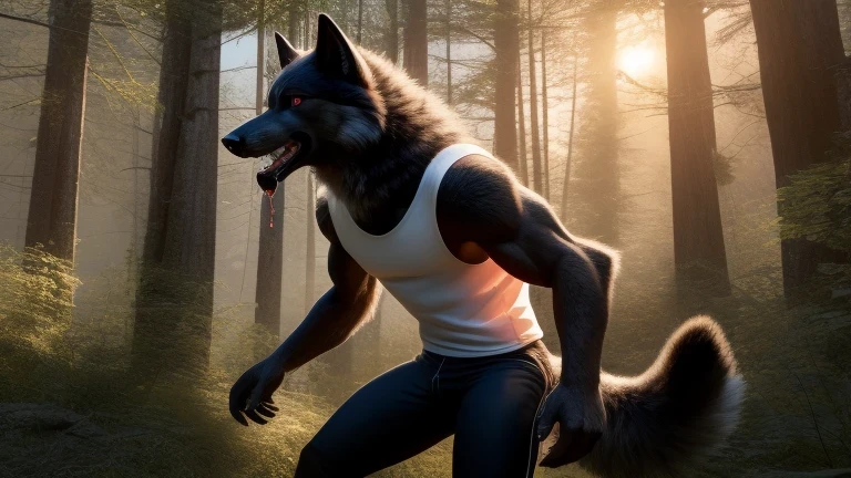 furry, furry, alone, close up, male black wolf, Bright red eyes, finger claws, Greet the spectator, white sleeveless shirt, blue pants, happy, Street, forest, Houses, squatting posture, fluffy tail, open legs, 4K quality