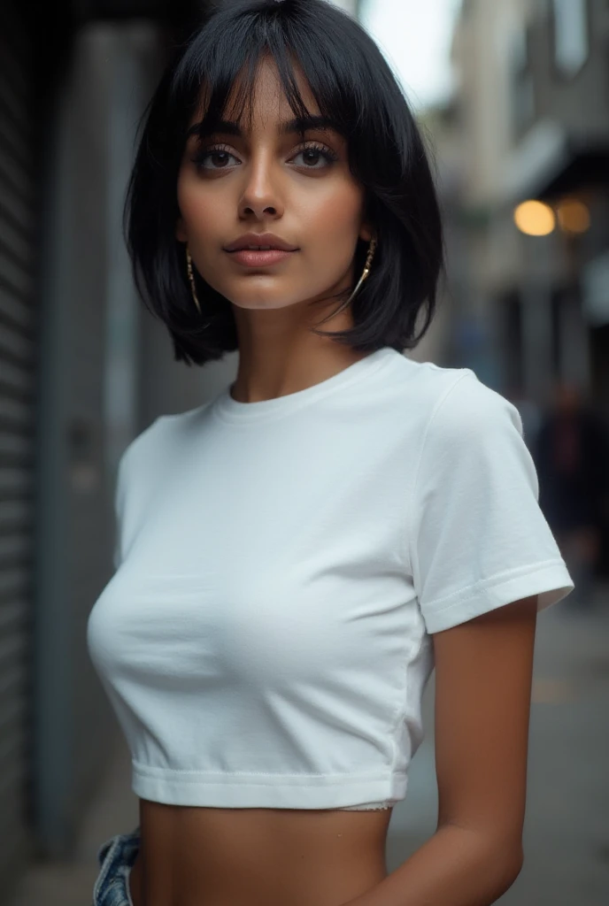 Girl Standing On The Street in São Paulo city, latin girl, black straight bob hair, wearing a white t-shirt, Realisitc, Photo