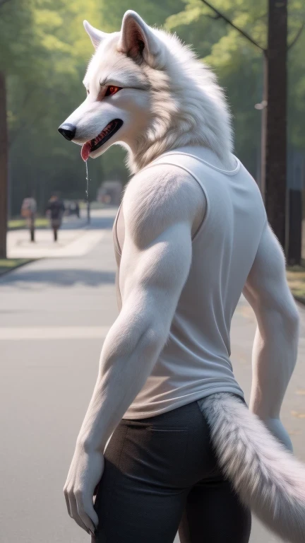 furry, alone, close, Male White Wolf , bright red eyes, finger claws , greet spectator , nude, fierce, street, sunny forest, standing posture, right profile, fluffy tail, , salivating, tight pants , light pink sleeveless t-shirt