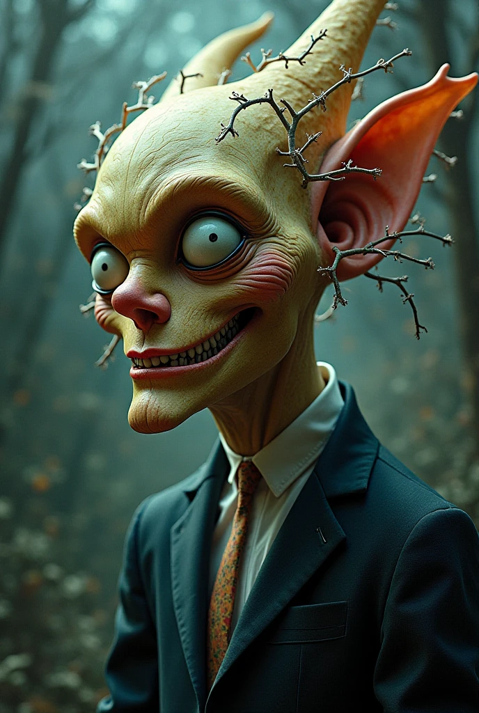 Un primer plano de un dibujo de una criatura de aspecto espeluznante, inspirado en Santiago Caruso, inspirado por Alfred Kubin, Estilo Mark Ryden, Mark Ryden en el estilo de, alien portrait, Old - Dark School Fantasy Art, Retrato de un duende, Anton Semenov, portrait of a space alien, Retrato de un extraterrestre, inspirado por William Stout
