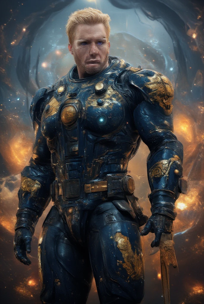 A 50-something male with golden hair with very light and prominent platinum highlights, very short on the sides but long on top like a lock. Striking purple eyes and a bold, manly smirk with his lips. He is dressed in a suit of power armor (shiny blackish electric blue) adorned with golden accents and intricate detailing. The armor covers his entire torso, arms and shoulders, featuring large ornate shoulder pads and a detailed breastplate. The armor has a heavy, metallic carbon fiber quality. He holds a sword-shaped firearm with a very thick and large blade, ornate and graceful carved edge detailing. The background is a very hazy but detailed impressionistic scene of galaxies, sparks and blueish flames, suggesting a fiery environment on an alien planet overlooking outer space. The style is hyper-realistic, with high level of detail on the character's armor and face. Focus on expressing a very strong, serious and powerful male figure. Use rich, deep colors of gray, gold, and orange. Lighting should be dramatic and highlight the textures of the armor. Emphasis on the intricate details and designs of the armor and weapon.