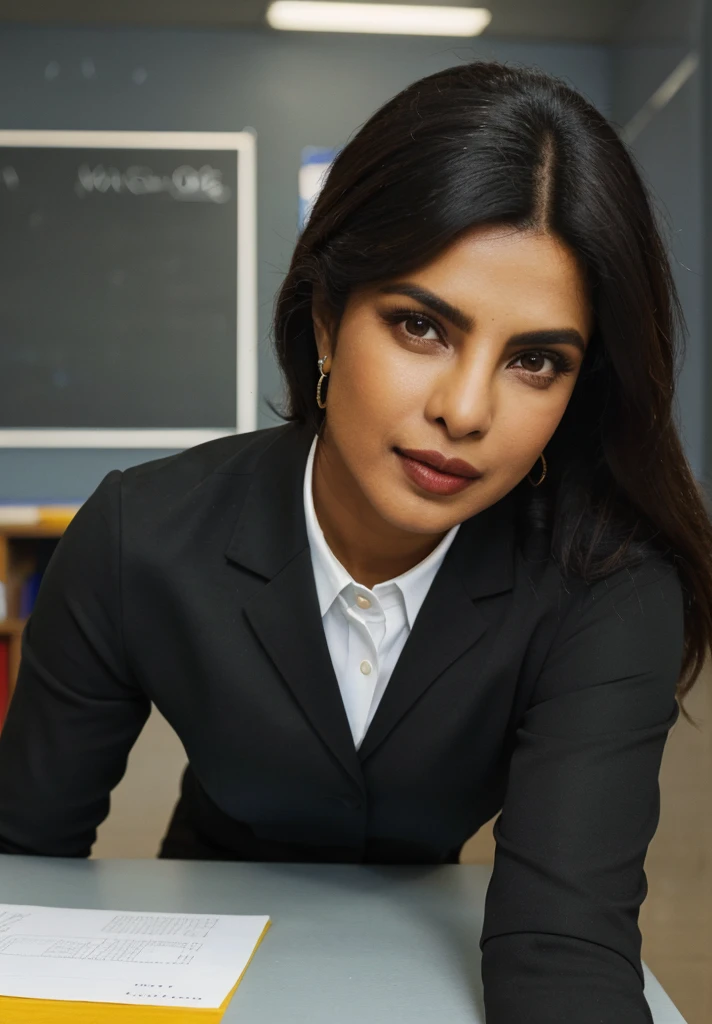 Pri_yanka woman, wearing a black school teachers uniform, leaning on a desk, extremely detailed, intricate detail, fine detail, careful detail, up close portrait, masterpiece,