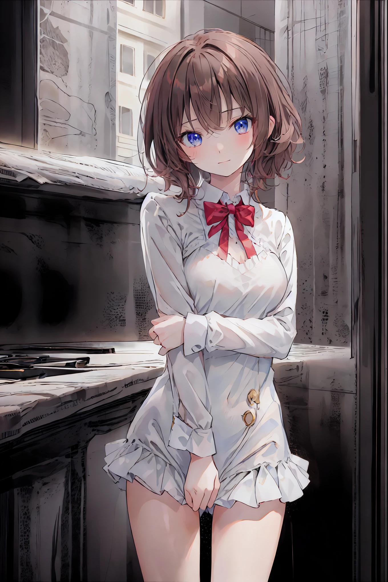 ( top quality ,masterpiece:1.3, super high res),( very detailed, caustics,8k),( realistic :1.4,RAW shooting),18 years old, Japanese , cute, Looking at the camera and smiling ,blazer uniform, slouching position with collar, waist up shot ,( focus on faces :1.2),( face close-up :1.2),(Low position:1.3),( low angle:1.4),Brown Hair, shortcuts, slender beauty , messy hair,Cityscape, night view、Brown Hair, shortcuts, Unkempt Hair ,Short braided hair,Neat, slender beautiful woman,Correct posture,Small chest, beautiful legs, enchanting gray-blue eyes shine like stars,Droopy eyes, brightly colored , beautiful eyes,A delicate smile,Textured Skin, best quality best , gentle and beautiful woman , anime style、