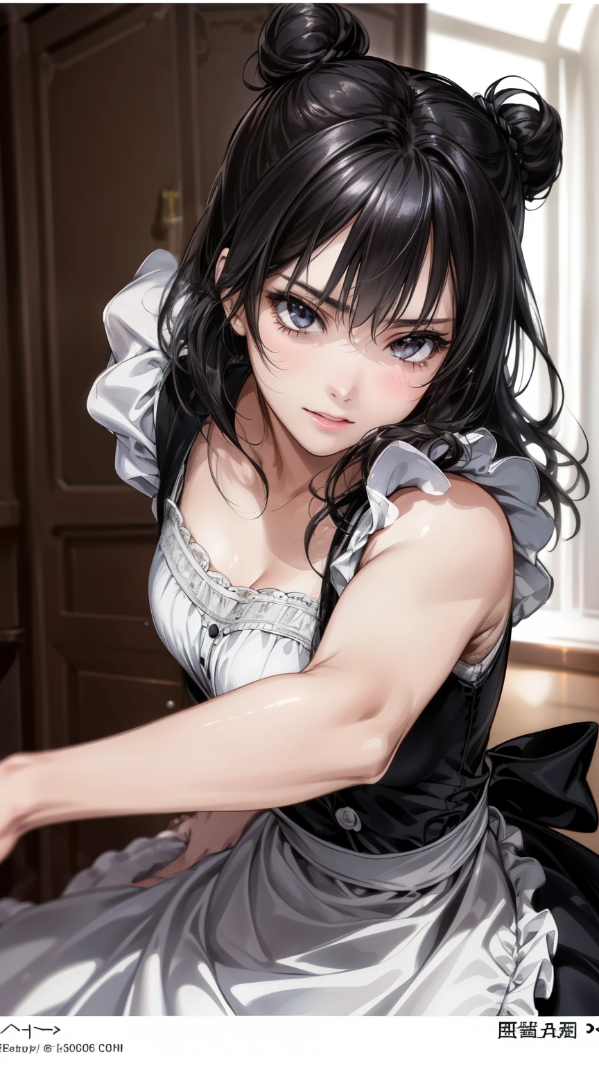 high definition , masterpiece, 解剖学的にAccurate , Accurate, top quality, high definition model, high detail, wavy black hair in a half-up bun in great detail, Ultra- high definition , textured skin, 1 maid woman, wavy black hair in a half-up bun、(Sparkling silver eyes, closed mouth, determined expression)、 maid dress、 (inside an elegant room) 、 close-up 、 Move、 realistic、 close-up 、(beautiful woman)、((dynamic angle, dynamic action pose, fully clothed))