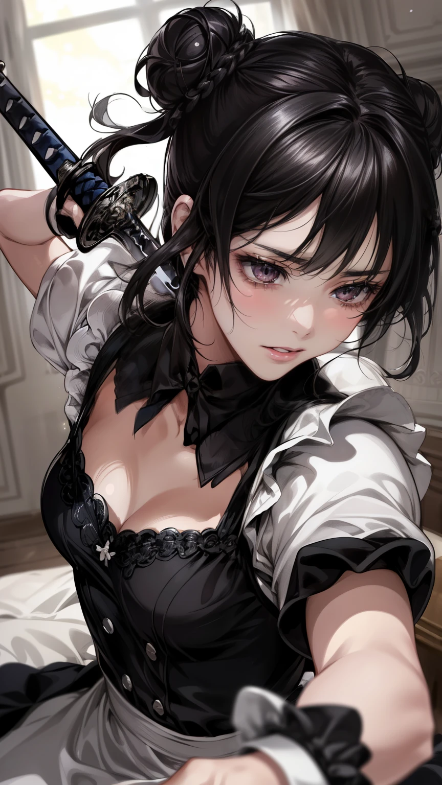 high definition , masterpiece, 解剖学的にAccurate , Accurate, top quality, high definition model, high detail, wavy black hair in a half-up bun in great detail, Ultra- high definition , textured skin, 1 maid woman, wavy black hair in a half-up bun、(Sparkling silver eyes, closed mouth, determined expression)、 maid dress、 (inside an elegant room) 、 close-up 、 Move、 realistic、 close-up 、(beautiful woman)、((dynamic angle, dynamic action pose, fully clothed, holding a sword))
