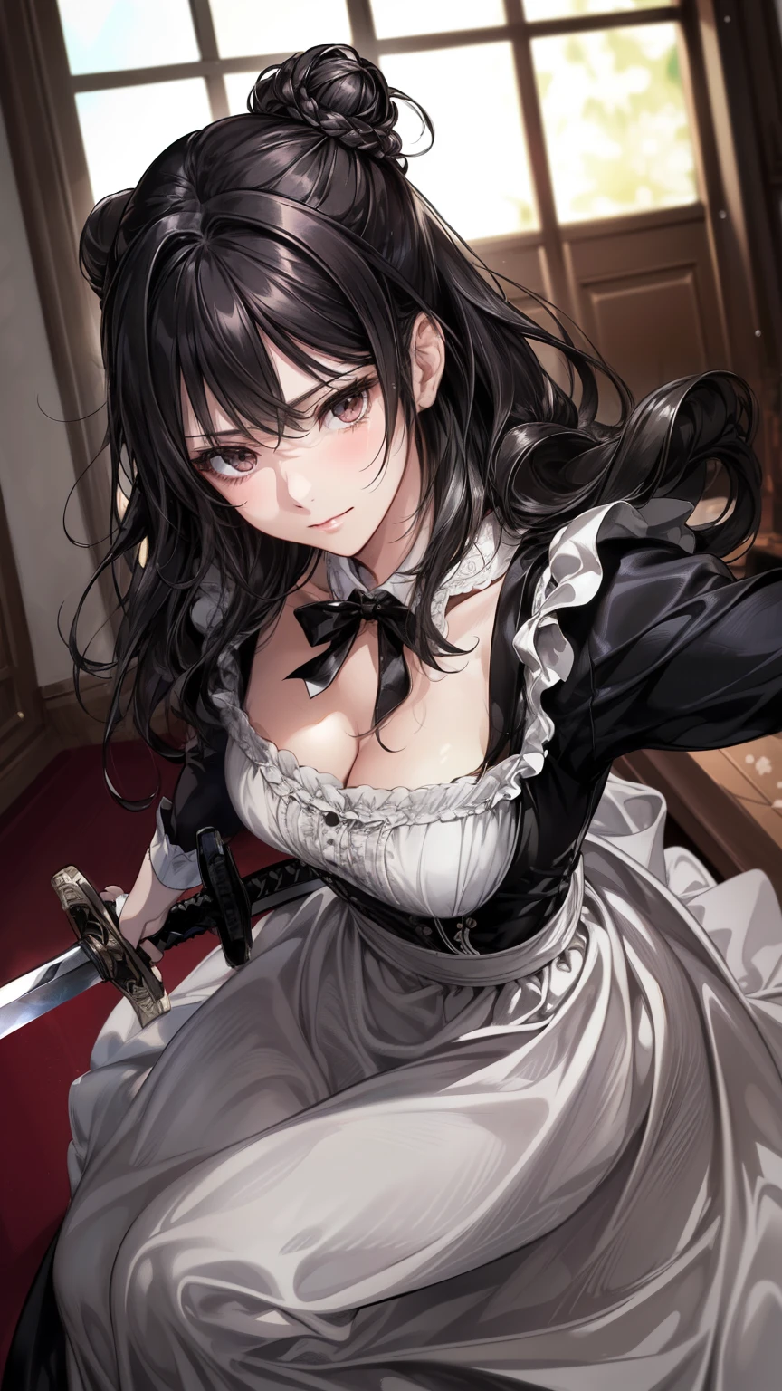 high definition , masterpiece, 解剖学的にAccurate , Accurate, top quality, high definition model, high detail, wavy black hair in a half-up bun in great detail, Ultra- high definition , textured skin, 1 maid woman, wavy black hair in a half-up bun、(Sparkling silver eyes, closed mouth, determined expression)、 maid dress、 (inside an elegant room) 、 close-up 、 Move、 realistic、 close-up 、(beautiful woman)、((dynamic angle, dynamic action pose, fully clothed, holding a sword))