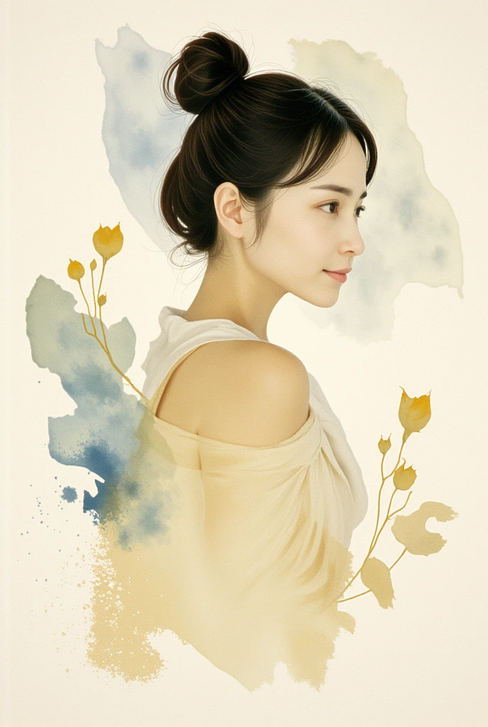 Minimalist artistic watercolor painting portrait, elegant asian woman in profile, glowing skin, hair tied in neat bun, invert color, glow line, inverted outline, golden and muted blue tones, abstract botanical elements, textured off-white paper background, shining highlights, glowing gradients, soft diffuse lighting, serene expression, radiant atmosphere.




