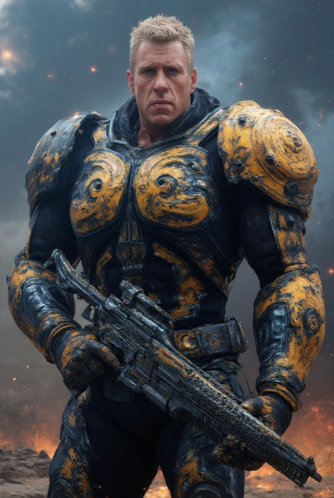 A 50-something male with golden hair with very light and prominent platinum highlights, very short on the sides but long on top like a lock. Striking purple eyes and a bold, manly smirk with his lips. He is dressed in a suit of power armor (shiny blackish electric blue) adorned with golden accents and intricate detailing. The armor covers his entire torso, arms and shoulders, featuring large ornate shoulder pads and a detailed breastplate. The armor has a heavy, metallic carbon fiber quality. He holds a sword-shaped firearm with a very thick and large blade, ornate and graceful carved edge detailing. The background is a very hazy but detailed impressionistic scene of galaxies, sparks and blueish flames, suggesting a fiery environment on an alien planet overlooking outer space. The style is hyper-realistic, with high level of detail on the character's armor and face. Focus on expressing a very strong, serious and powerful male figure. Use rich, deep colors of gray, gold, and orange. Lighting should be dramatic and highlight the textures of the armor. Emphasis on the intricate details and designs of the armor and weapon.