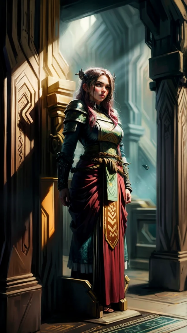 Highly detailed, cinematic, realistic. A powerful and stocky dwarven female cleric with a muscular build and fiery red hair braided intricately, exuding both strength and divine grace. She stands in an underground dwarven temple, adorned in elegant flowing robes with intricate embroidery and holy symbols, designed to enhance her commanding yet sacred presence. The robes drape perfectly over her robust frame, blending traditional dwarven craftsmanship with divine aesthetics. Her sharp, freckled features and intense gaze are illuminated by the warm glow of enchanted braziers and shimmering runes carved into the stone walls.

The background reveals a grand subterranean hall, with towering stone pillars and an ornate altar radiating soft divine light. Intricate carvings and dwarven iconography cover the walls, and streams of molten gold flow through channels in the floor, casting an ethereal glow throughout the chamber. Her presence is one of faith, power, and unyielding resilience, a symbol of divine strength in dwarven form.