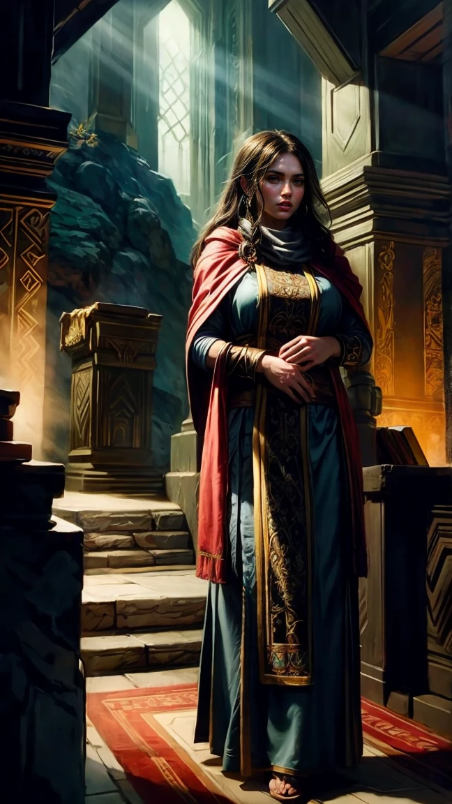 Highly detailed, cinematic, realistic. A powerful and stocky dwarven female cleric with a muscular build and fiery red hair braided intricately, exuding both strength and divine grace. She stands in an underground dwarven temple, adorned in elegant flowing robes with intricate embroidery and holy symbols, designed to enhance her commanding yet sacred presence. The robes drape perfectly over her robust frame, blending traditional dwarven craftsmanship with divine aesthetics. Her sharp, freckled features and intense gaze are illuminated by the warm glow of enchanted braziers and shimmering runes carved into the stone walls.

The background reveals a grand subterranean hall, with towering stone pillars and an ornate altar radiating soft divine light. Intricate carvings and dwarven iconography cover the walls, and streams of molten gold flow through channels in the floor, casting an ethereal glow throughout the chamber. Her presence is one of faith, power, and unyielding resilience, a symbol of divine strength in dwarven form.