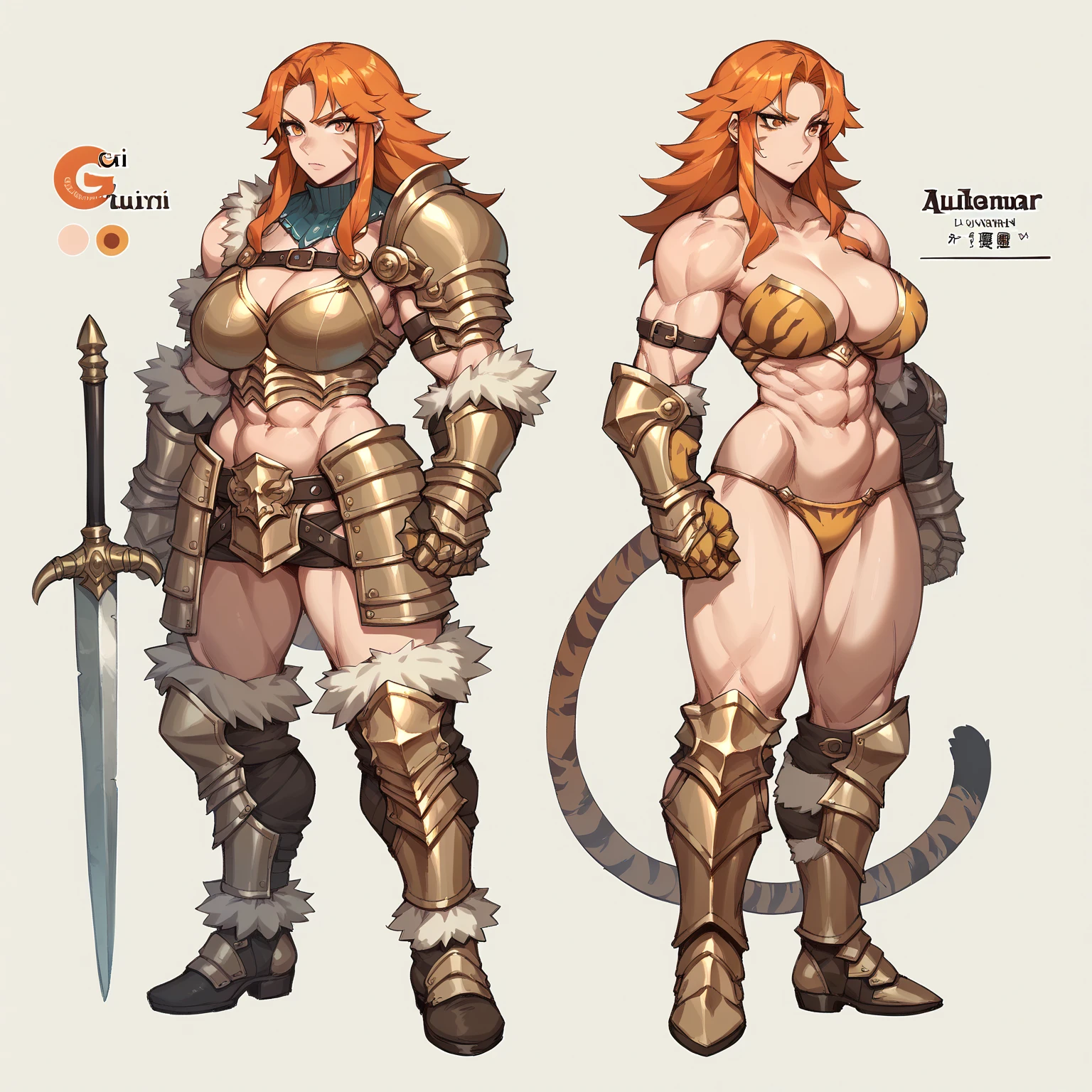 original character dnd barbarian , character concept, walking, tomboy, amazone, female, , refsheet with description, anime style, ultra detaild, musclegirl