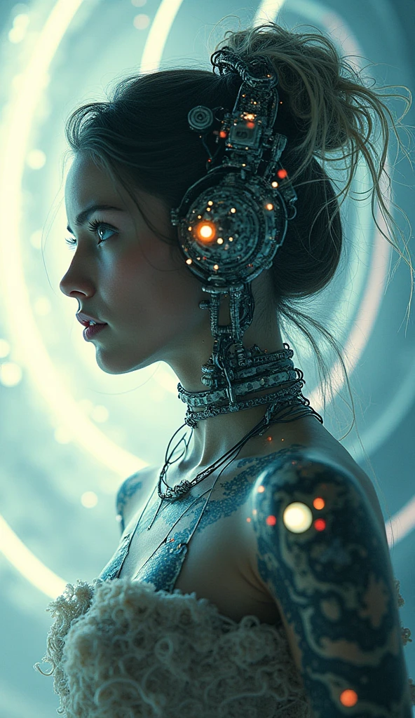 photograph, space, woman , 20 years old, wearing Chaperon, Mechanical Body Parts, Interplanetary magnetic field background, ultrafine detailed, Sci-Fi, double exposure, Sony A7, Depth of field 100mm, Colorless, stylized by artgerm, greg rutkowski and alphonse mucha