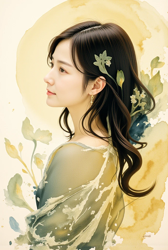 an artistic watercolor painting portrait, elegant asian woman in profile, glowing skin,long hair flowing in the wind, invert color, glow line, inverted outline, golden and muted blue tones, abstract botanical elements, textured off-white paper background, shining highlights, glowing gradients, soft diffuse lighting, serene expression, radiant atmosphere.




