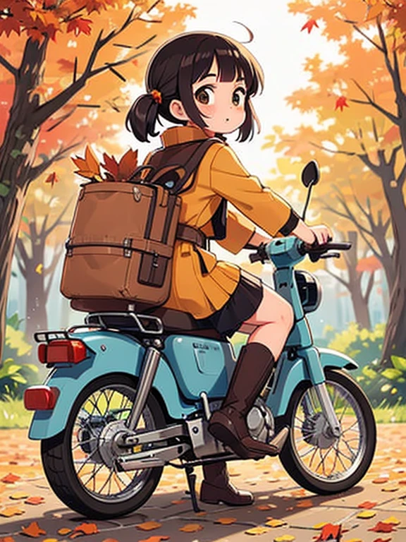 32K，UHD high resolution ，   octane rendering，    steampunk，( Ultra-fine: 1.2)，   young girl，  Ride a Super Cub   ，  knight ， cute， Very small build    ，   thin thighs   ，     small yellow super cub ，   short dress like a kimono ，   Down Jacket  ，  half length twin tails with lots of luggage   ，   black hair，goggles，   black boots ，Super Cub Details，autumn，autumn leaves，     medium shot from behind     ,