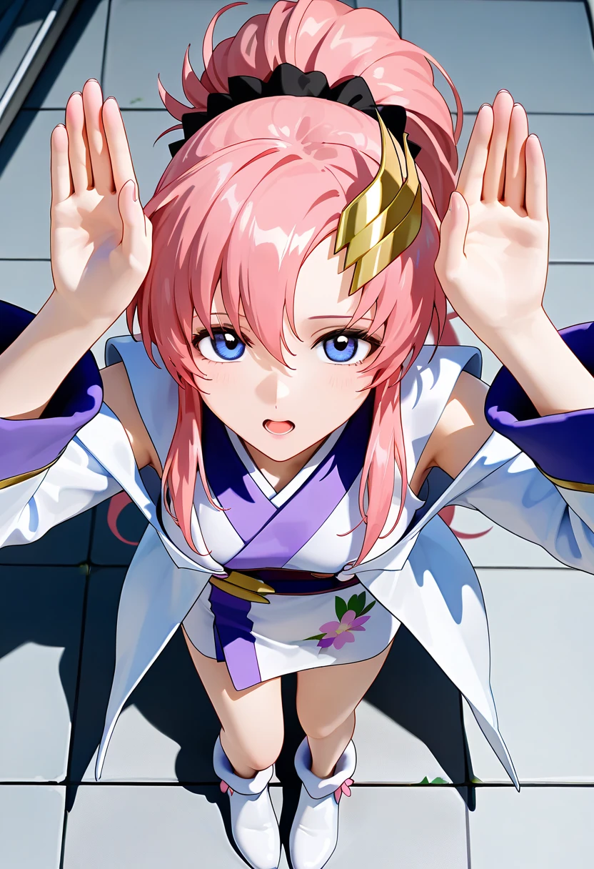 ( super realistic pictures, RAW photos  , realism, 3d rendering ,Unity Engine),break 1girl, Alone, lacus clyne,  blue eyes,  pink hair, long hair, ponytail,side lock, moon hair ornament , s1 short kimono  , s1 sleeveless coat, white shoes ,break (from above, looking at viewer, face-focus, (close-up:1.2)),break(perfect hands, perfect fingers, rabbit pose, open mouth)