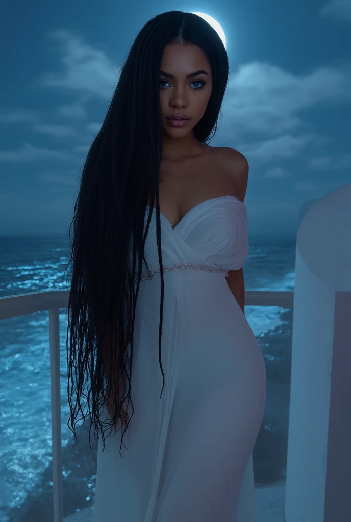 A captivating 8k digital art composition of a stunning, sensual woman with long, dark dreadlocks cascading over her shoulders. Her deep blue eyes sparkle as she wears a flowing off-shoulder white gown, accentuating her full figure and emphasizing her beauty. She stands on a moonlit balcony overlooking a serene ocean, the waves shimmering in the soft silver light.