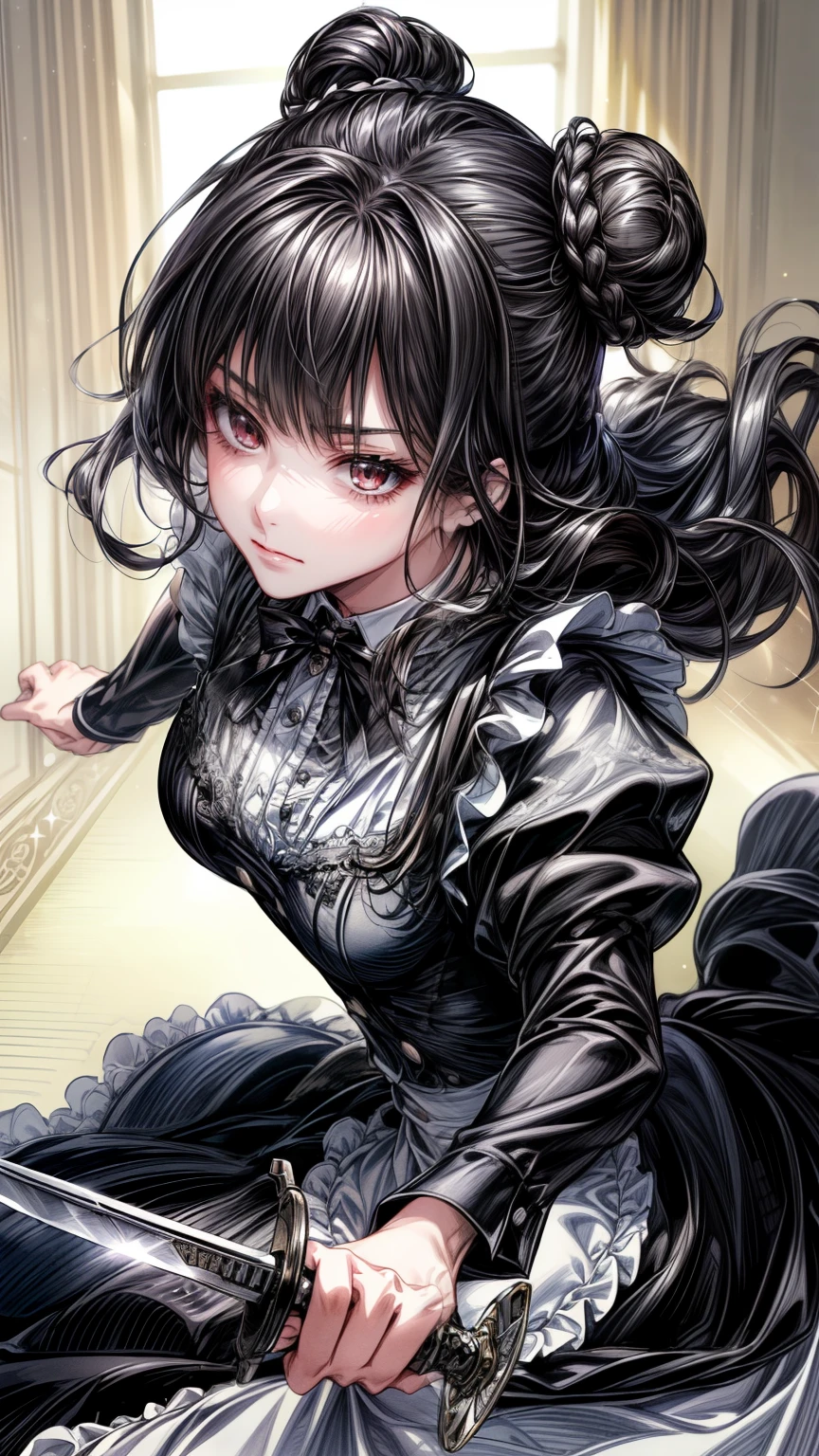 high definition , masterpiece, 解剖学的にAccurate , Accurate, top quality, high definition model, high detail, wavy black hair in a half-up bun in great detail, Ultra- high definition , textured skin, 1 maid woman, wavy black hair in a half-up bun、(Sparkling silver eyes, closed mouth, determined expression)、 maid dress、 (inside an elegant room) 、 close-up 、 Move、 realistic、 close-up 、(beautiful woman)、((dynamic angle, dynamic action pose, badass pose, fully clothed)), (((holding a sword)))