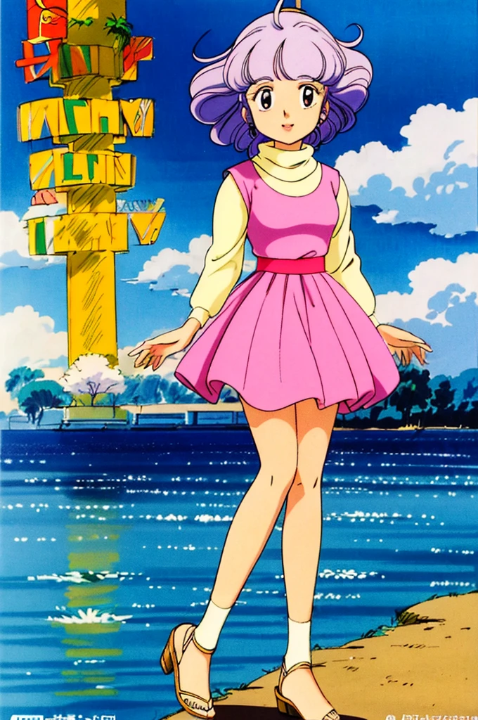 (masterpiece,  top quality ),  High Res Images Of Japanese Female Idols, retro art style for stilets, 1980s \( style for stilets\), Alone,  1 girl,  full body, Squatting with legs crossed,   pink dress , Inner Turtleneck Sweater ,  Heeled Sandals, smile, Outdoor, Blue sky and clouds, 