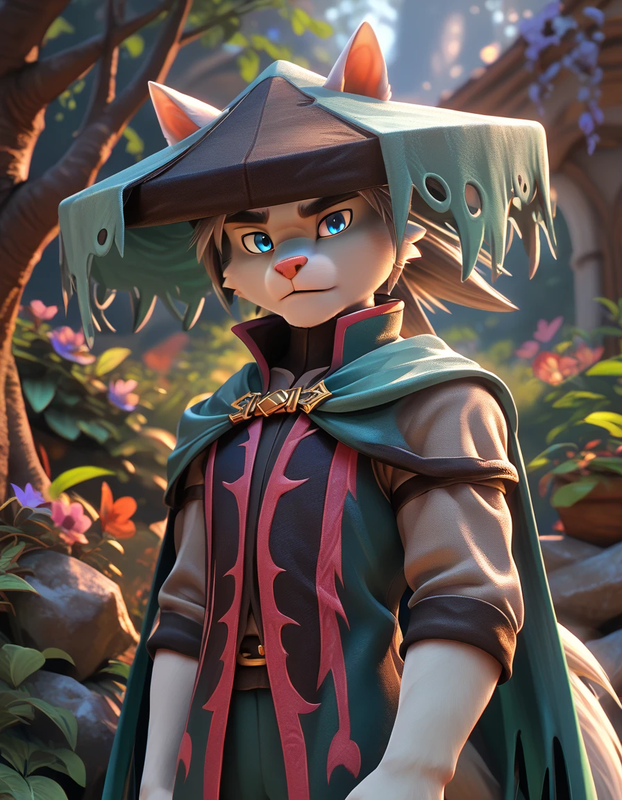 score_9, score_8_up, score_7_up, score_6_up, (du57aet, anthro, tail), ((male focus, 1boy, solo)), male, half-length portrait, blue eyes, hat, cape, vest,  forest background 