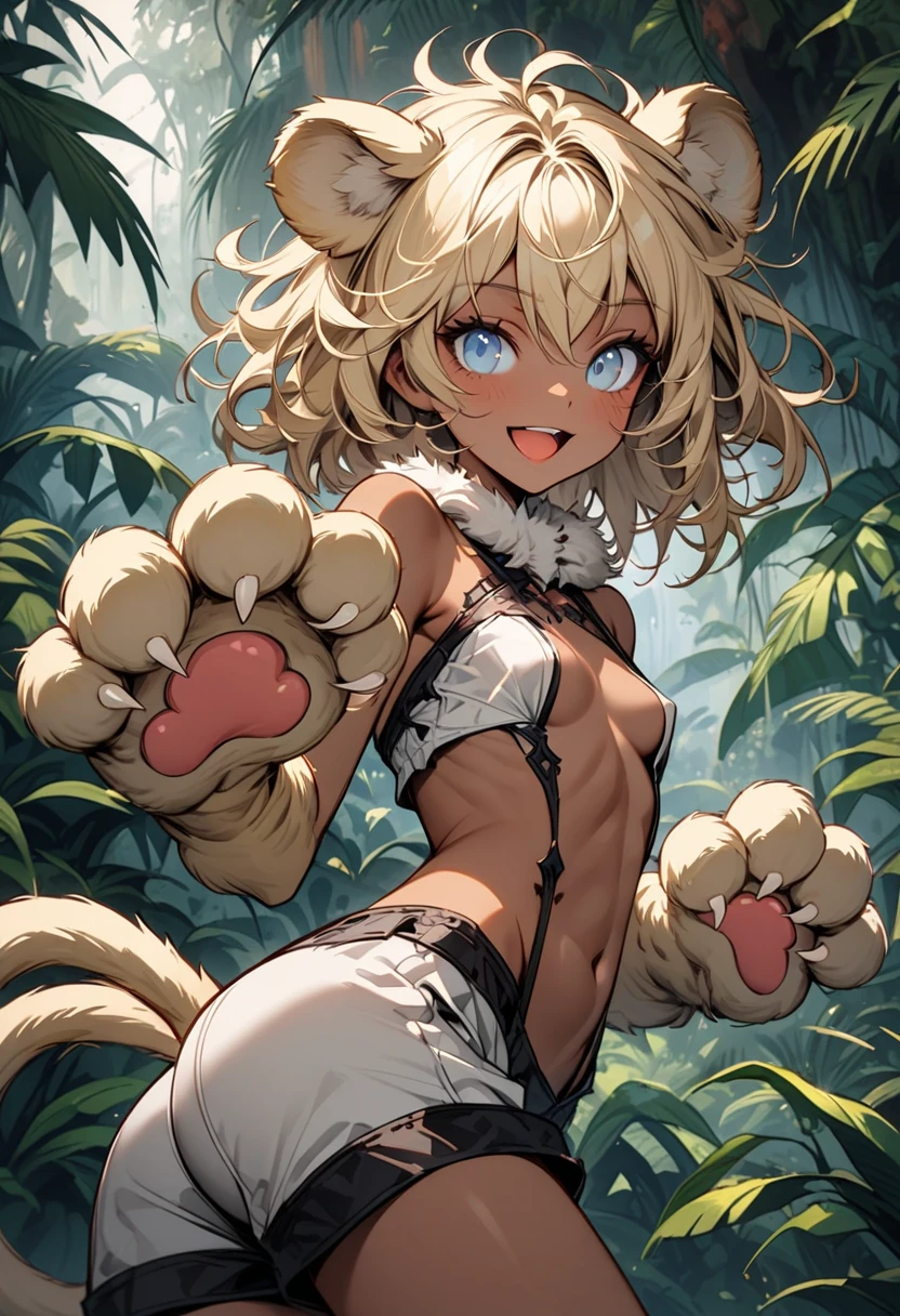 score_9, score_8_up, score_7_up, source_anime, solo, 1girl, ocelomeh, monster girl, tiger girl, dark skin, animal hands, claws, evil smile, looking at viewer, claw pose, animal ears, animal ear fluff, slit pupils, fur collar, loincloth, pelvic curtain, thighhighs, animal print, tiger tail, large breasts, outdoors, jungle <lora:monstergirlpedia_ocelomeh_ponyXL:1>