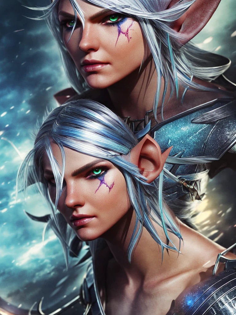 A close up of a elf woman, silver hair, blue eye, leather armor, cold look, old scars, fantasy art, realistic 