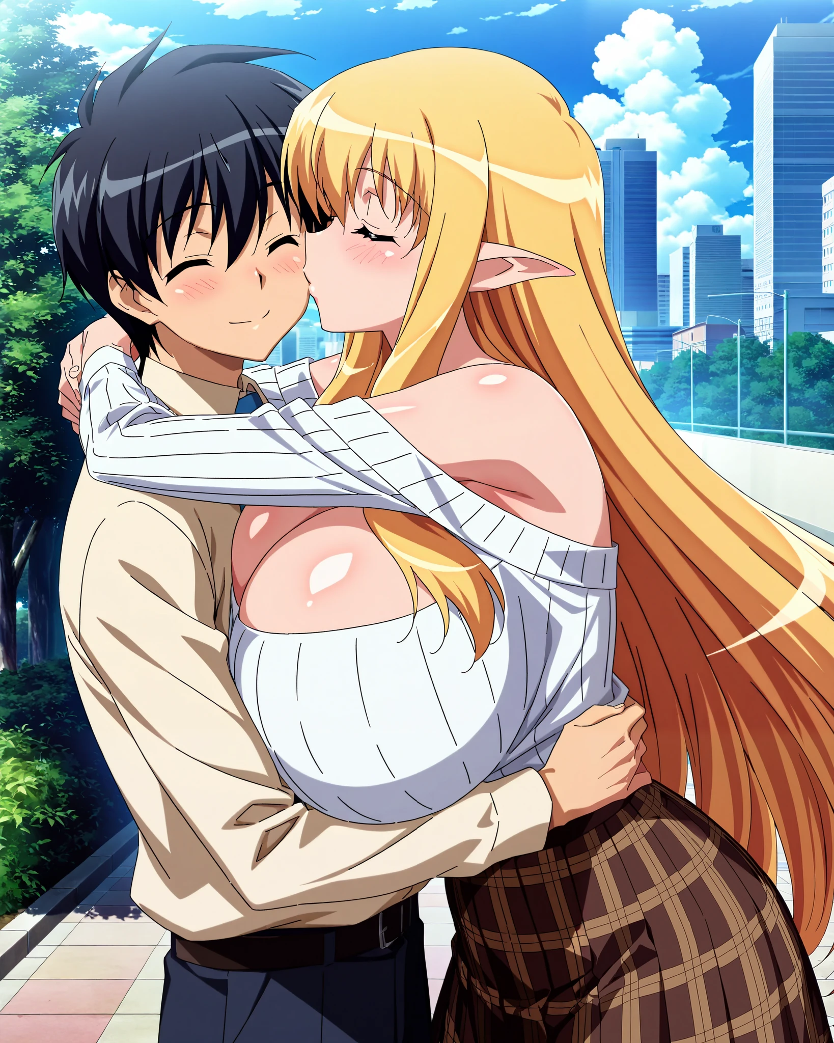 score_9, score_8_up, score_7_up, source_anime, anime coloring, anime screencap, 1 girl, alone, Tiffania Westwood (zero no tsukaima), elf, blonde hair, white beautiful skin, closed eyes, closed mouth, girl kisses boy's cheek, kissing cheek, she kisses his cheek, kiss, gigantic breasts, cleavage, standing, upper body, sideview, long sleeves, off-shoulder ribbed shirt, beige shirt, pleated brown plaid skirt, long skirt, 1 boy, black hair, hug, she hugs boy, outdoors, sunny day, Tokyo city