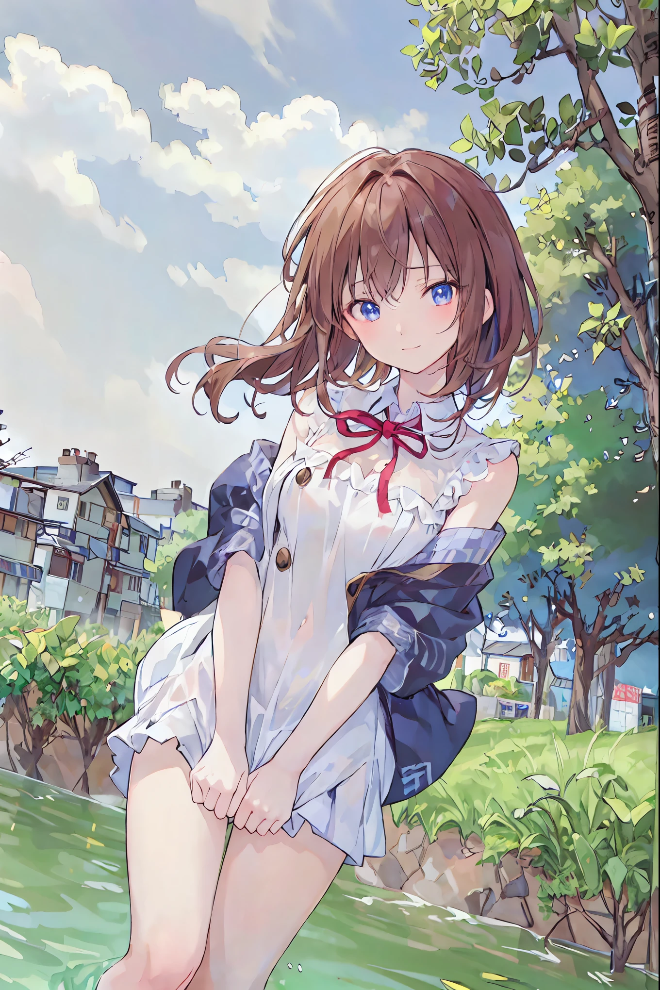 Yuuki Asuna low angle、Long skirt、Hold down your skirt that is being blown up by the strong wind、The strong wind is showing her white cotton panties、