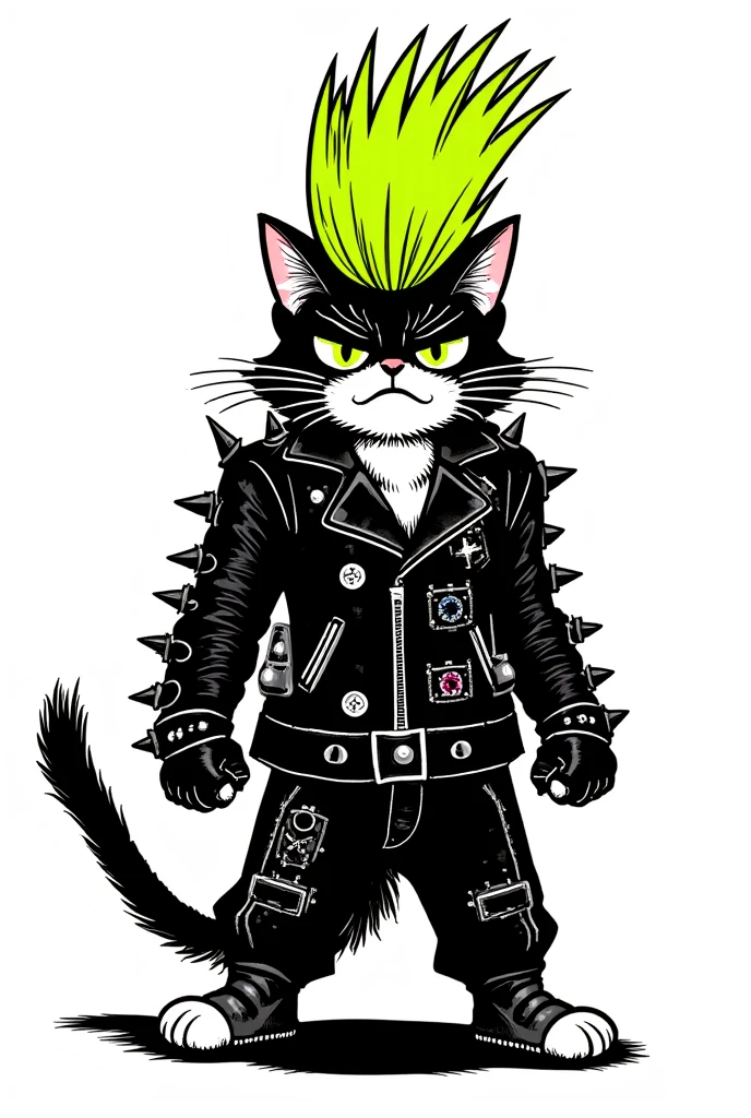 Create a detailed manga comic book style illustration of a highly stylized, black and white cat with tall neon green Mohawk, a spike studded leather jacket and a grumpy facial expression. 